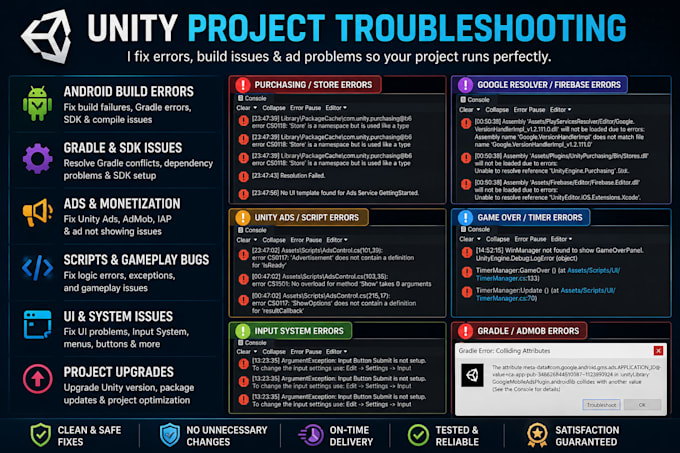 fix unity bugs, errors, android build, sdk and gradle issues