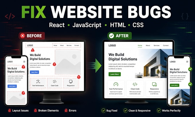 fix HTML CSS javascript and react website bugs