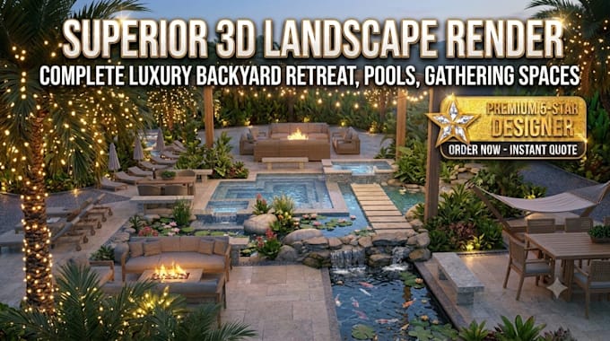 design 3d landscape, patio, swimming pool, and backyard render
