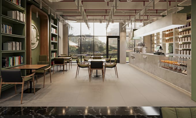 render architectural 3d interior design of cafe, lounge,restaurant,2d floor plan