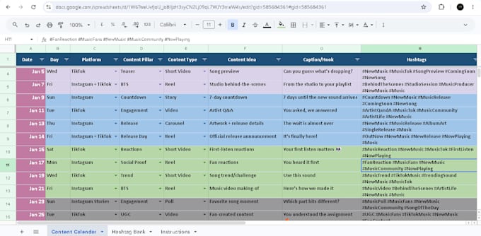 create a strategic monthly content calendar for your music social growth