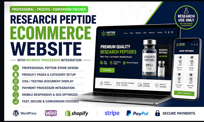 develop a research peptide ecommerce website with payment integration