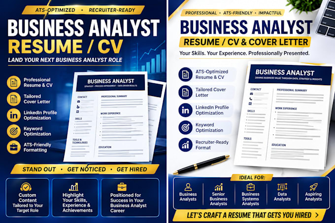 write an ats optimized business analyst resume CV and cover letter