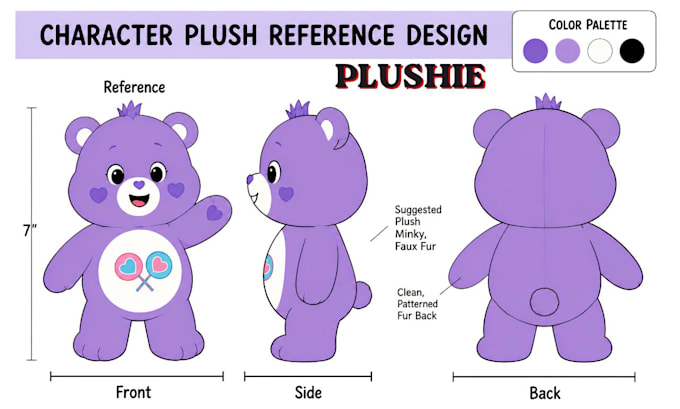 design custom plush character reference sheet and stuffed animal toy tech pack