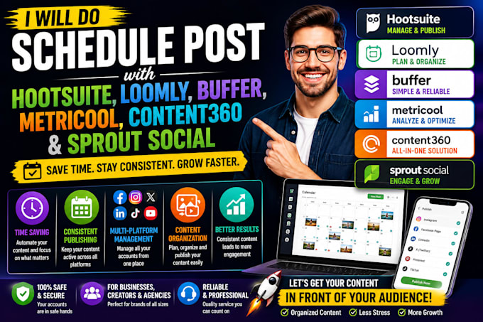 schedule social media posts using hootsuite, loomly, buffer, metricool, sprout