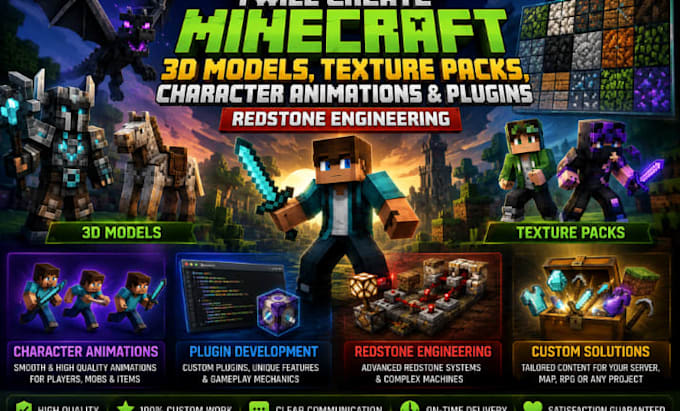 create minecraft 3d models, texture packs, character animations and plugins