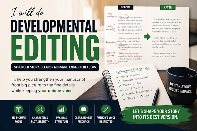 provide developmental editing for fiction, romance, fantasy, thriller