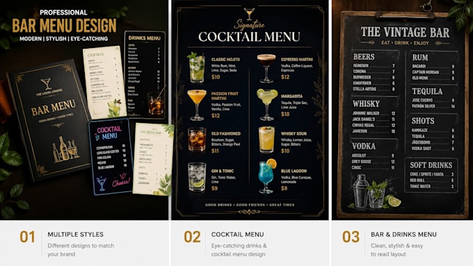 design a modern bar menu, drinks menu and cocktail menu