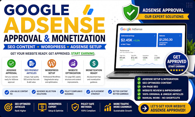 help with google adsense approval, SEO articles and website setup