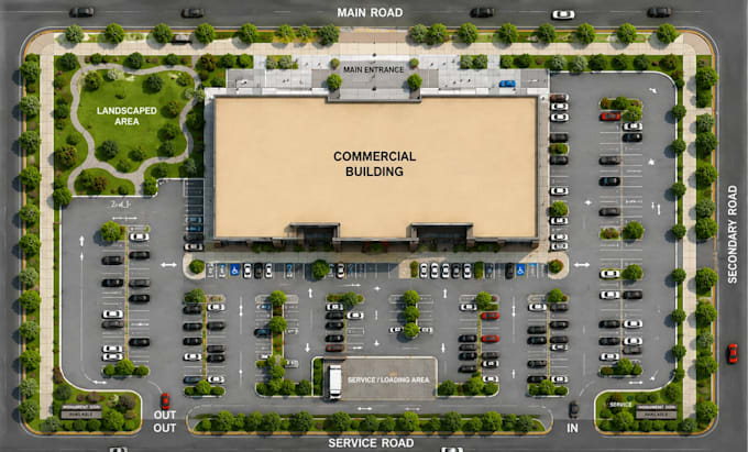 do 2d, 3d commercial site plan, property layout, location map and parking areas