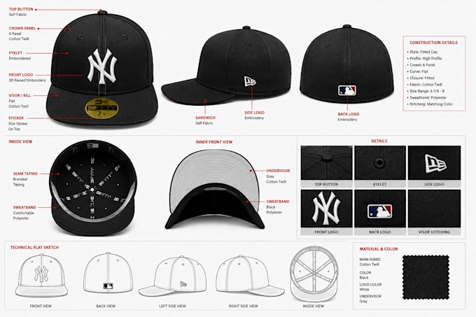 create professional cap tech pack, cap technical drawing and factory ready files