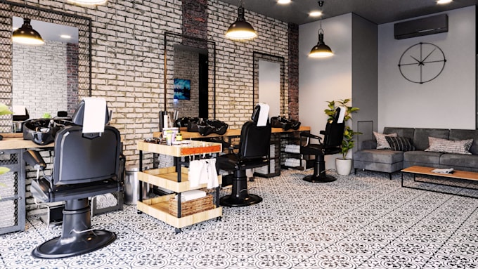 design a modern 3d barbing salon interior and exterior