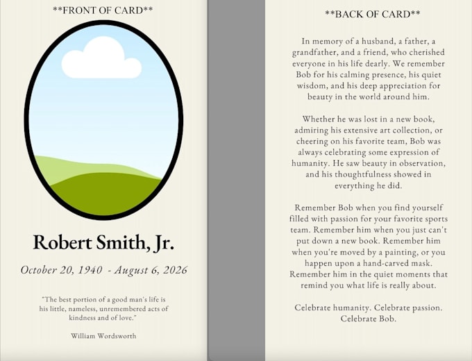 write and design a funerary, memorial, or prayer card