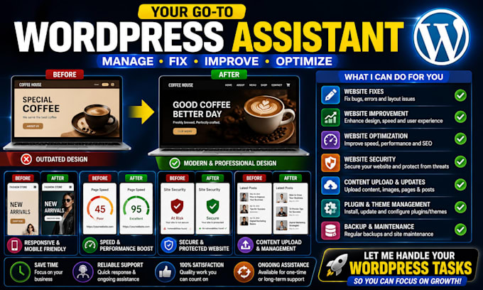 be wordpress assistant, website management and wordpress support,  wordpress VA