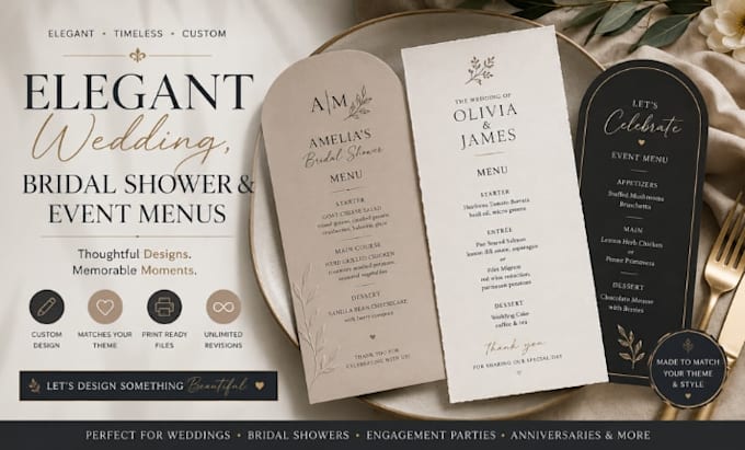design elegant wedding, bridal shower and event menus
