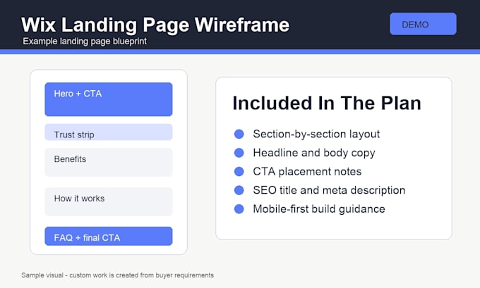 create a wix landing page plan with copy layout and SEO brief