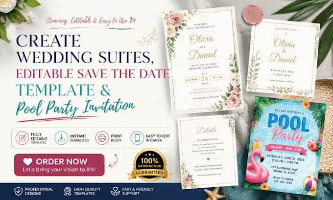 create wedding suites, editable save the data template and pool party invitation