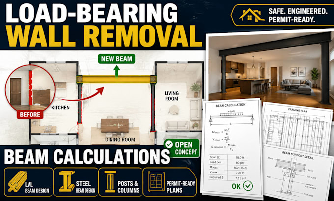 load bearing wall removal beam calculation structural plans permit plans