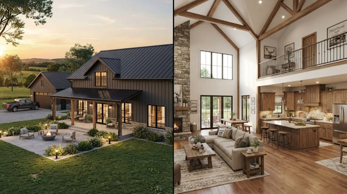 design realistic 3d barndominium exterior interior rendering