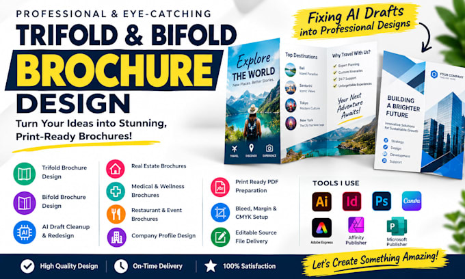 design a trifold brochure, bifold brochure, ai draft fix, print ready pdf