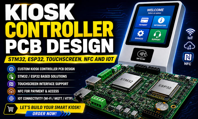 kiosk controller pcb design, stm32, esp32, touchscreen, nfc and iot