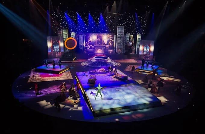create modern tech driven stage design with 3d projection mapping, scenic layout