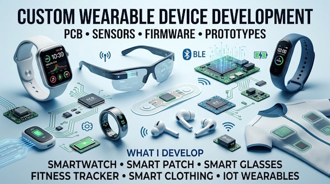 develop custom wearable devices, pcb, sensors, firmware and prototypes
