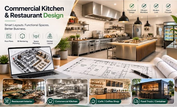 design commercial kitchen floor plan, restaurant interior, cafe 3d rendering
