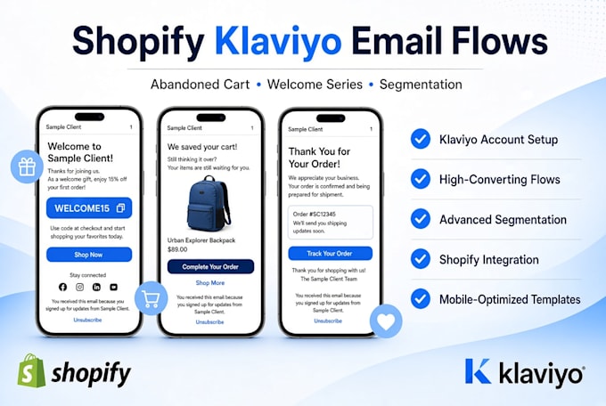 setup shopify klaviyo email flows, abandoned cart, welcome series, segmentation