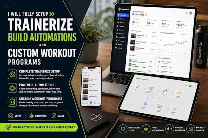 setup trainerize, everfit, build automations and custom workout programs