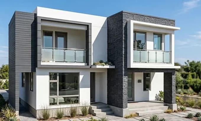 design modern house exterior, facade and front elevation in 3d