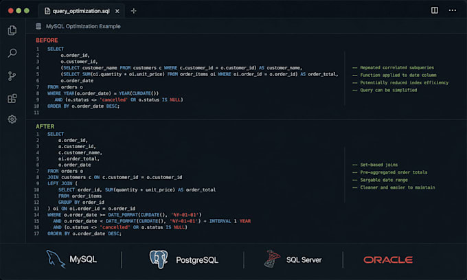 write, fix and optimize sql queries