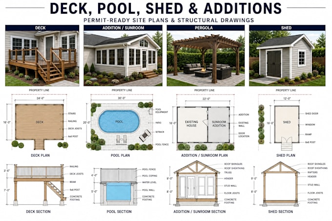 prepare professional permit ready site plans for deck, pool, shed and additions