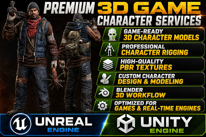 create game ready 3d character models with rigging, pbr textures using blender