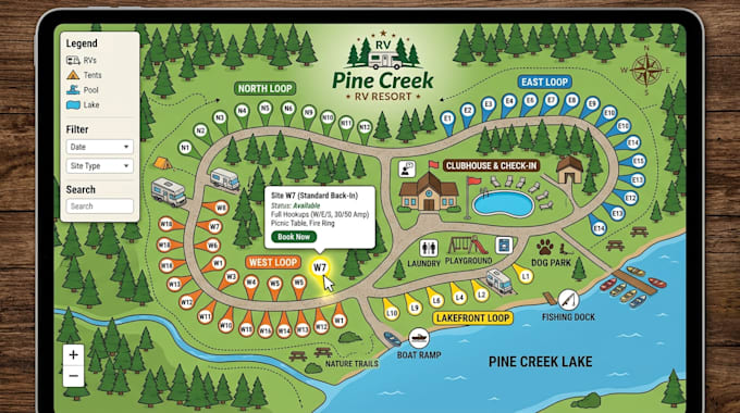 interactive rv park map illustration or clickable campground vector svg map