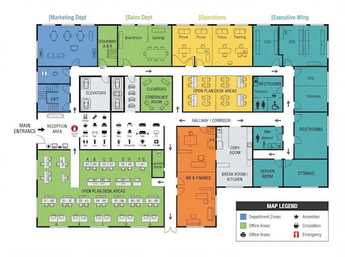 create office map, business map, corporate map, floor map and wayfinding map
