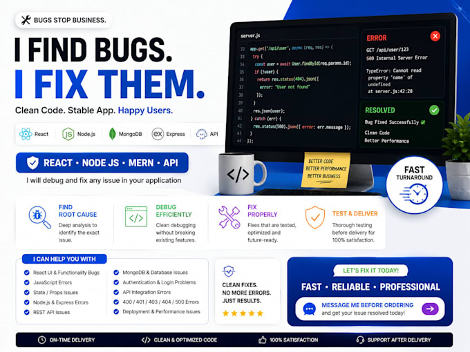 fix react node js and mern bugs errors and API issues