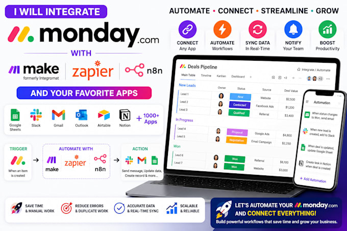integrate monday com with make, zapier, n8n and your apps