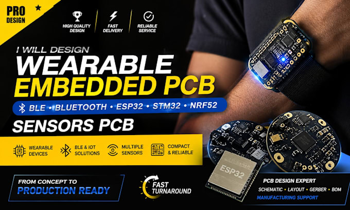 design wearable embedded pcb, ble, bluetooth, esp32, stm32, nrf52, sensors pcb