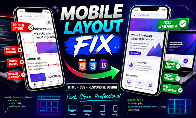 fix HTML CSS responsive mobile layout and website design issues