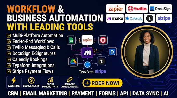 automate zapier make twilio docusign calendly typeform stripe workflows