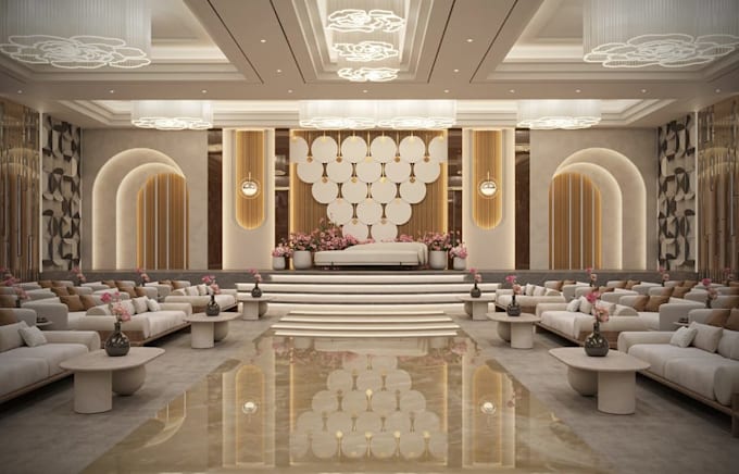 redesign 3d interior banquet, showroom venue modeling, interior villa rendering