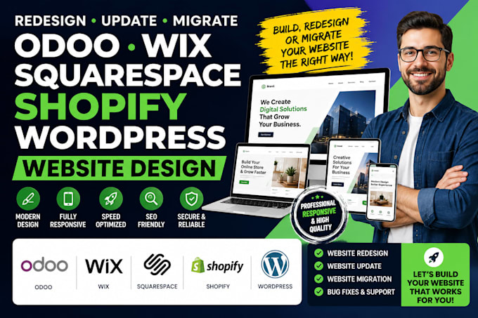 redesign update and migrate odoo wix squarespace shopify and wordpress website