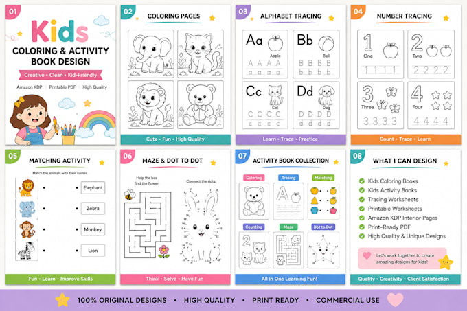 design kids activity book, worksheet and learning activities