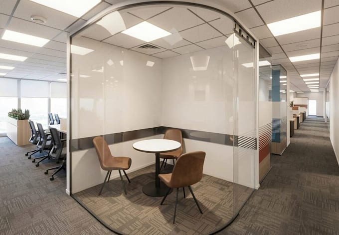 revit 3d interior modern office design, conference room layout render, workspace
