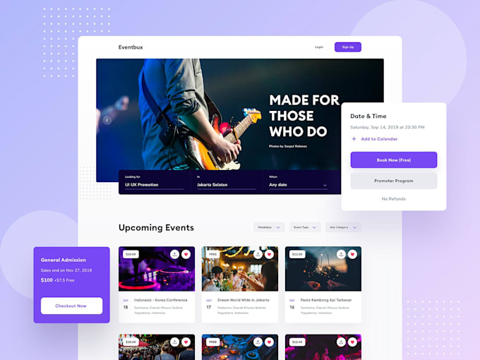 design event booking website, online conference website, ticket website