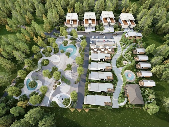 design 3d resort landscape masterplan site plan rendering aerial visualization