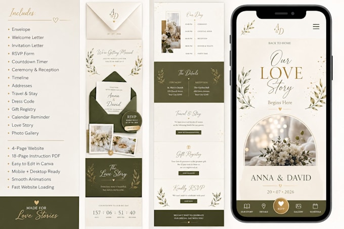 design canva wedding website, wedding magazine, landing page and rsvp website