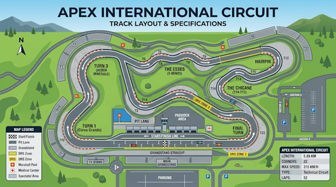 create technical racing circuit map, track layout and motorsport vector design