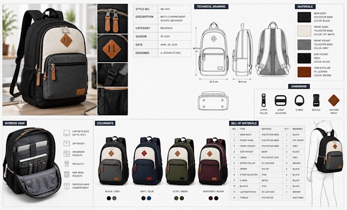 create bag tech pack, handbag tech pack, backpack tech pack and specs for brands